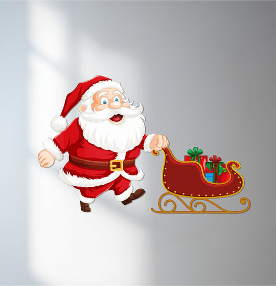 Visual rhythm is achieved by repeating shapes in this whimsical metal artwork of Santa and his Christmas sleigh, bringing a sense of movement to the holiday decor.