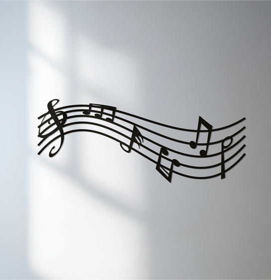 Flowing lines of musical notes in this metal wall decor seem to dance across the wall, creating a vibrant sense of movement and rhythm.