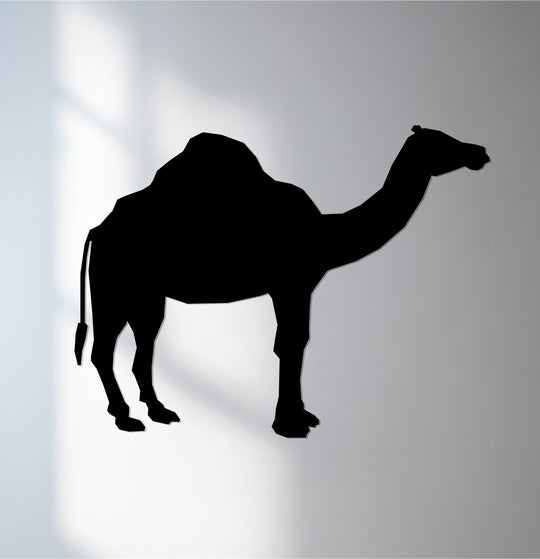 Sharp angles and sleek finish define the foreground detail in this camel silhouette, presenting sophisticated metal wall decor.
