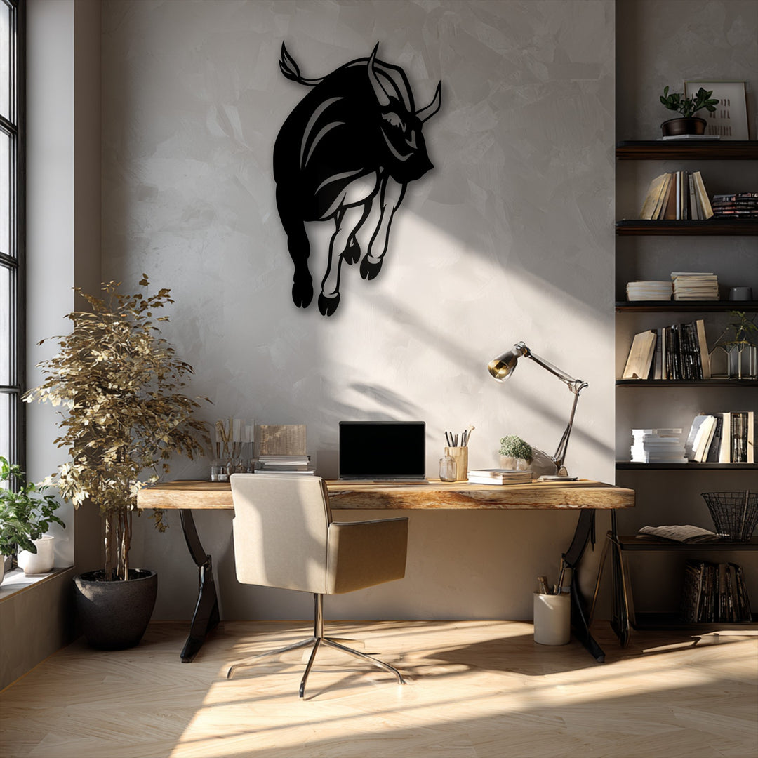 The darkest area prominently features a commanding black charging bull silhouette, a powerful piece of metal wall decor, mounted on a textured wall.