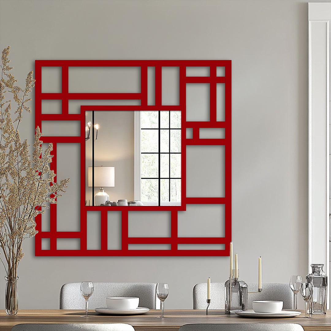 Structured grid metal wall mirror exemplifies decorating with wall mirrors, adding a geometric and modern touch to the central subject's reflected interior.
