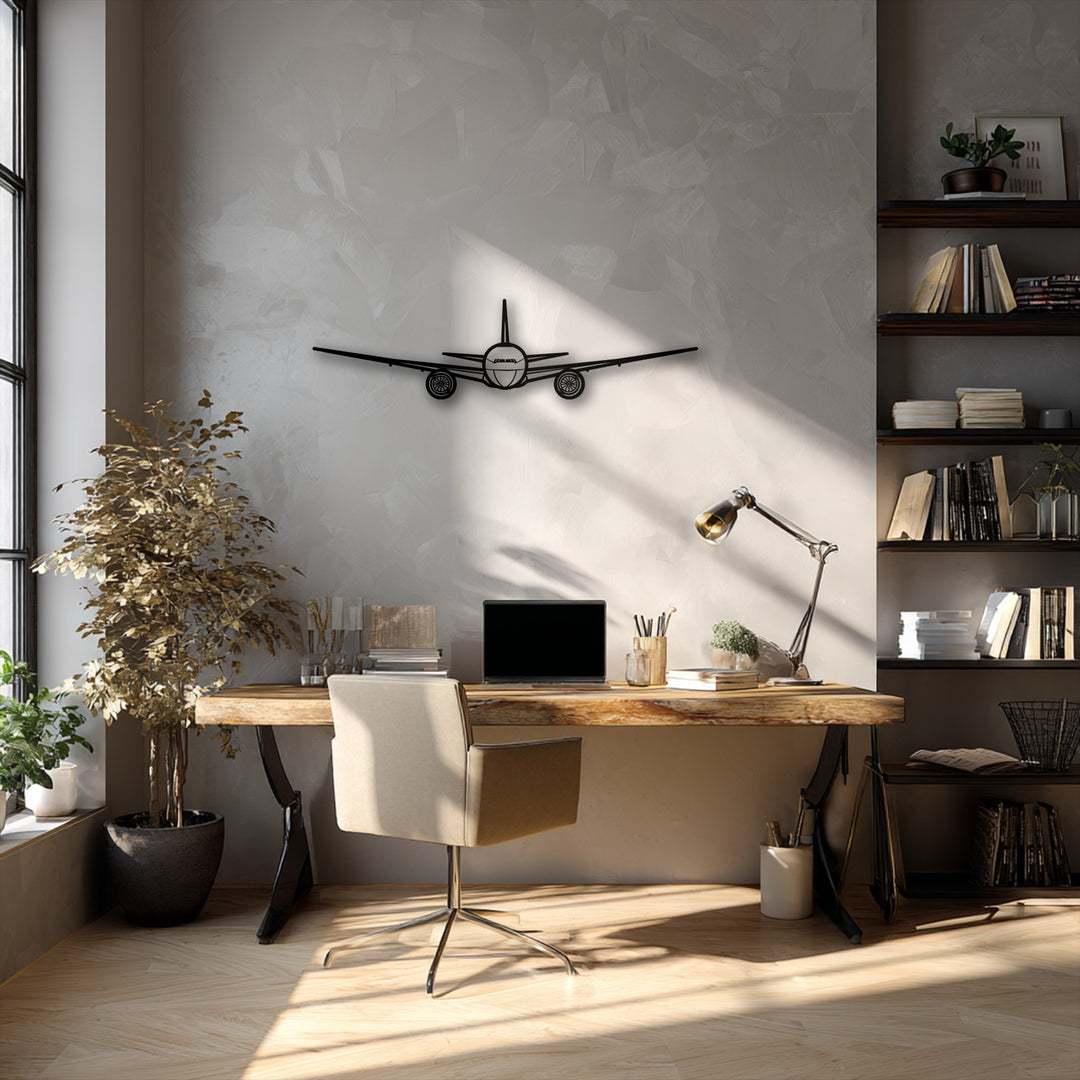 The strong visual rhythm of the room is accentuated by the sleek airplane silhouette metal decoration wall art, harmonizing with the desk and shelves.
