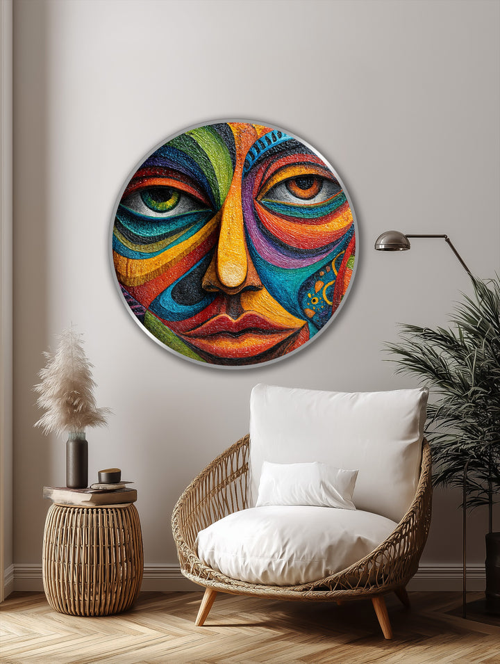 Dominated by a rainbow spectrum, the vibrant mosaic face in this colorful expressionist round oil painting wall art creates a captivating focal point.