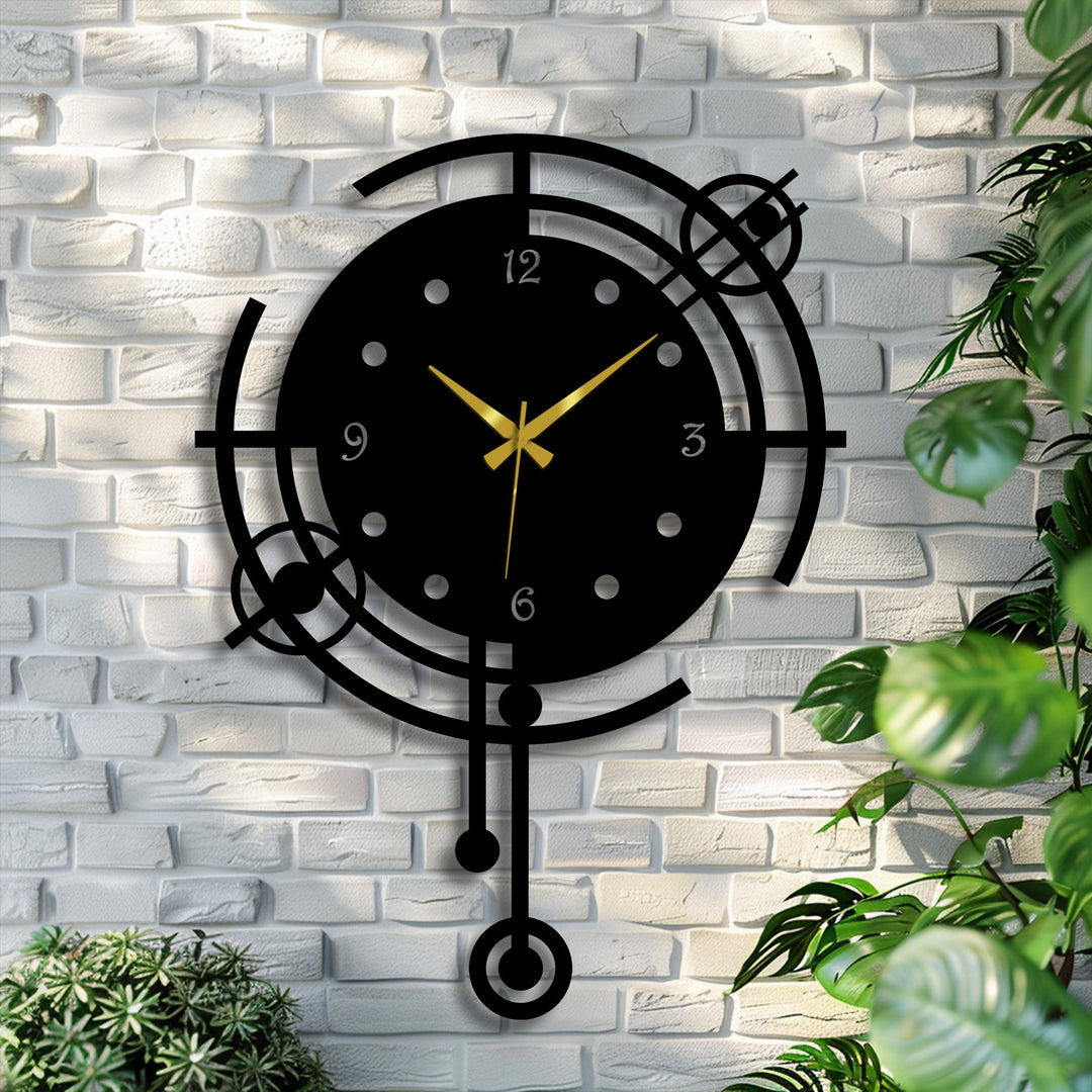 Showcasing the organic forms of a Modern Orbit Geometric Metal Wall Clock, a captivating piece of decorative metal art that integrates geometric rings on a textured wall.
