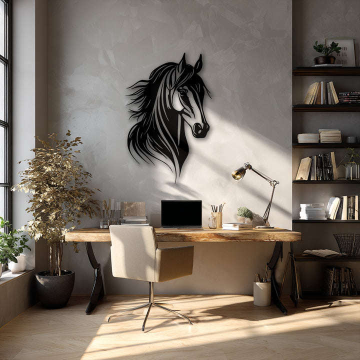 Soft sunlight illuminates the textured wall, complementing the bold horse head metal wall decor.