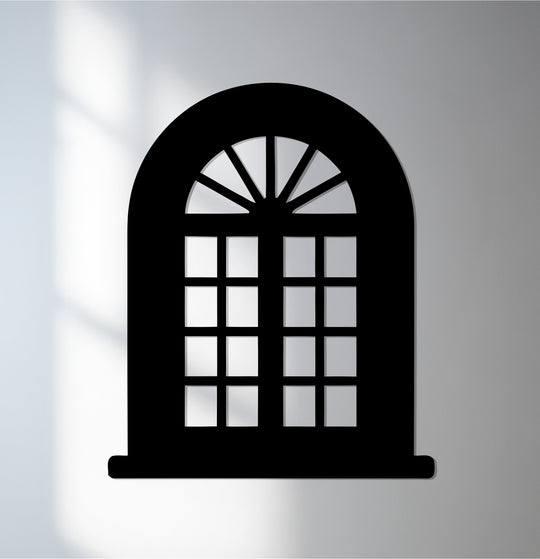 Brightest area illuminates the panes of a geometric grid in this classic arched window metal art for wall, adding a touch of elegance to any space.