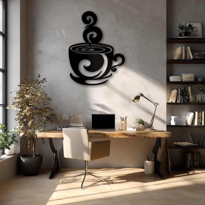 The stillness of a modern kitchen setting is accentuated by a striking swirling coffee cup metal art for wall, casting a long shadow.
