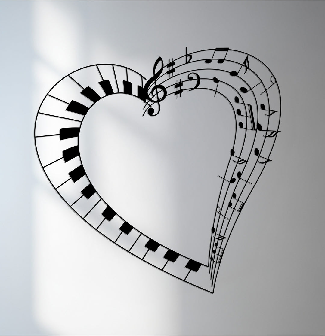 Heart shaped music notes and piano keys wall art