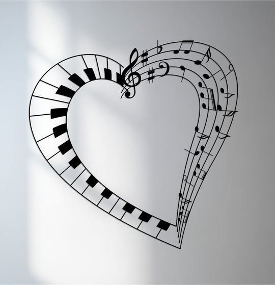Evoking a harmonious mood, the musical heart decoration wall art showcases piano keys and music notes crafted from metal, creating an artistic statement.
