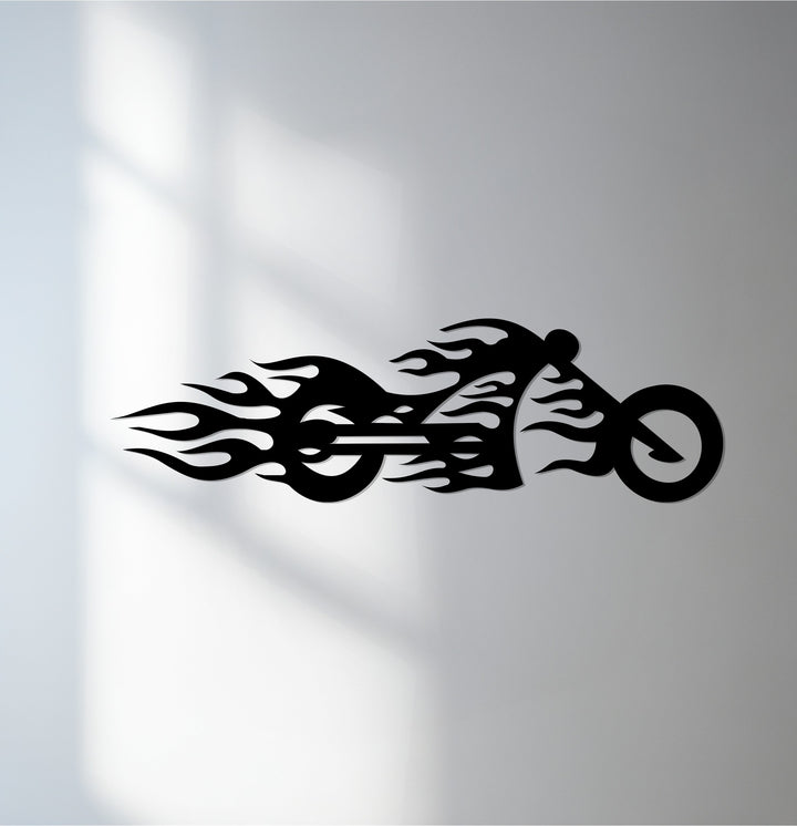 The focal point of this bold flaming motorcycle metal wall art provides an industrial-chic metal art for wall decor accent that enhances any garage or modern space.