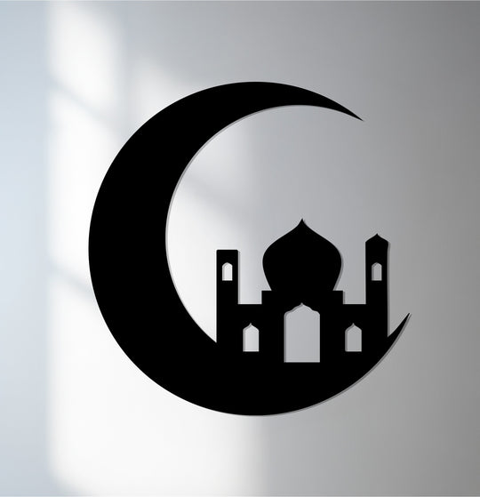 Cool color temperature highlighting the black Crescent Mosque Islamic moon metal art for wall, offering a striking silhouette effect.
