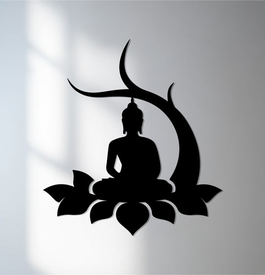 Centered, the Buddha silhouette in this decoration wall art presents a peaceful, lotus flower design crafted from metal, bringing a serene, meditative touch.
