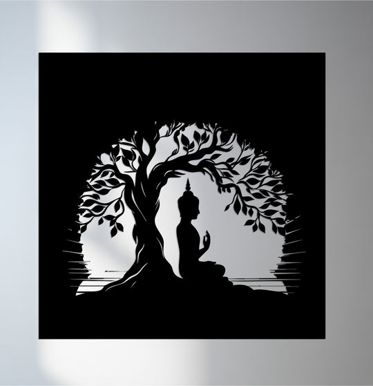 Black dominates this spiritual metal art for wall depicting Buddha meditating under the Bodhi tree, a striking piece of enlightenment meditation décor.