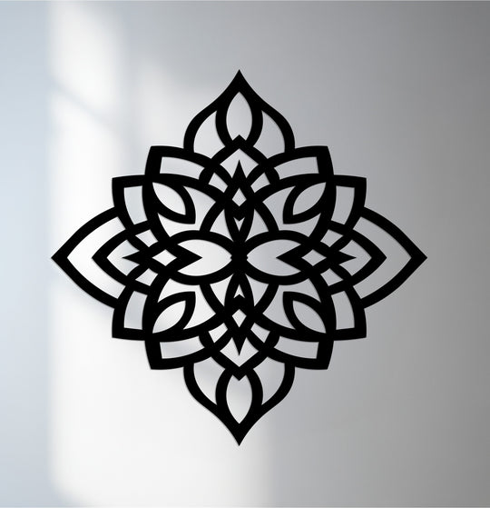 Black dominates this unique metal wall art depicting a geometric lotus flower design, adding a modern touch to any space.
