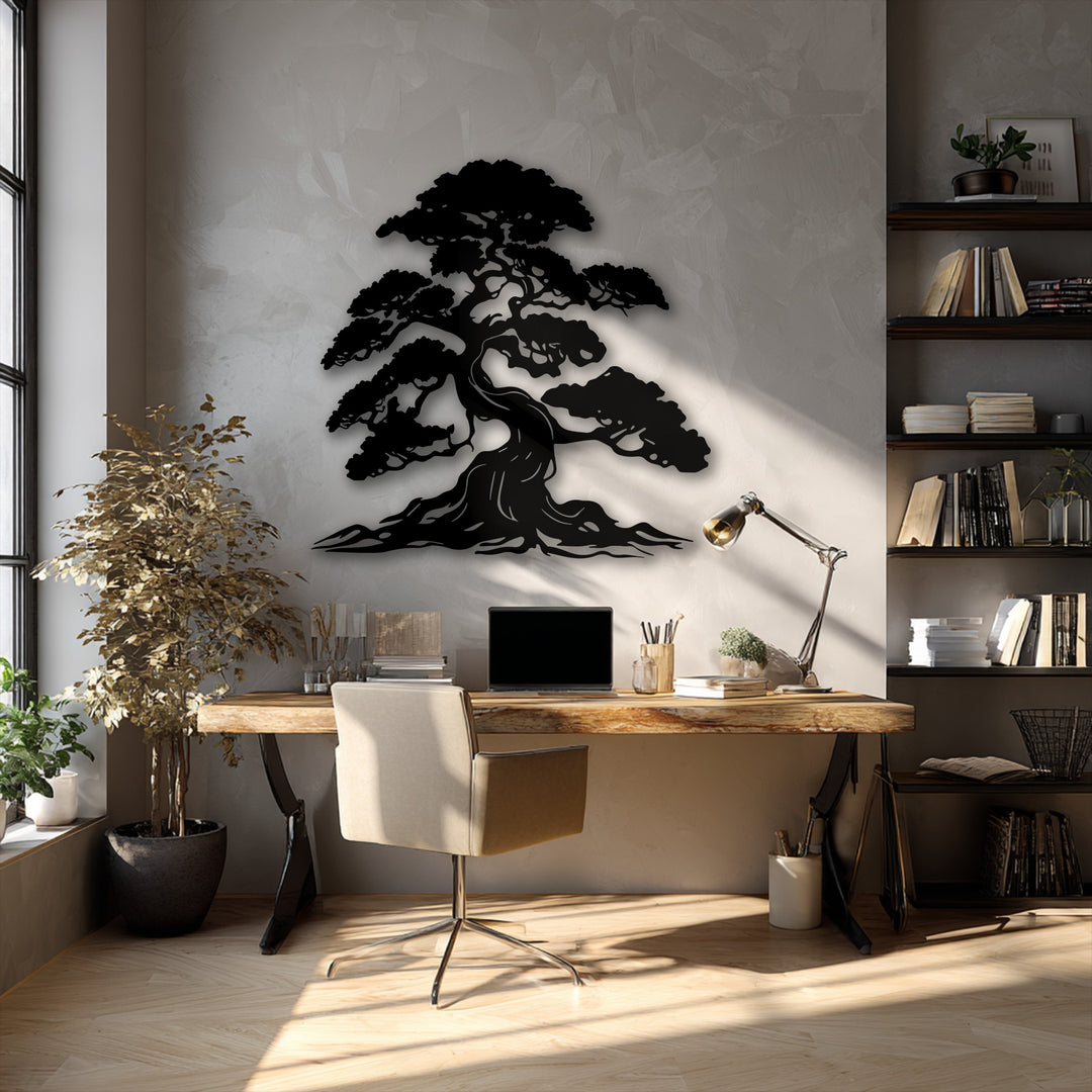 A subtly saturated image showcasing a vivid black bonsai tree decorative metal art against a muted textured wall.