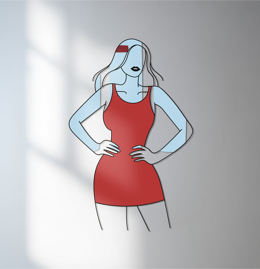 Elegant woman in red dress metal wall art with minimalist design
