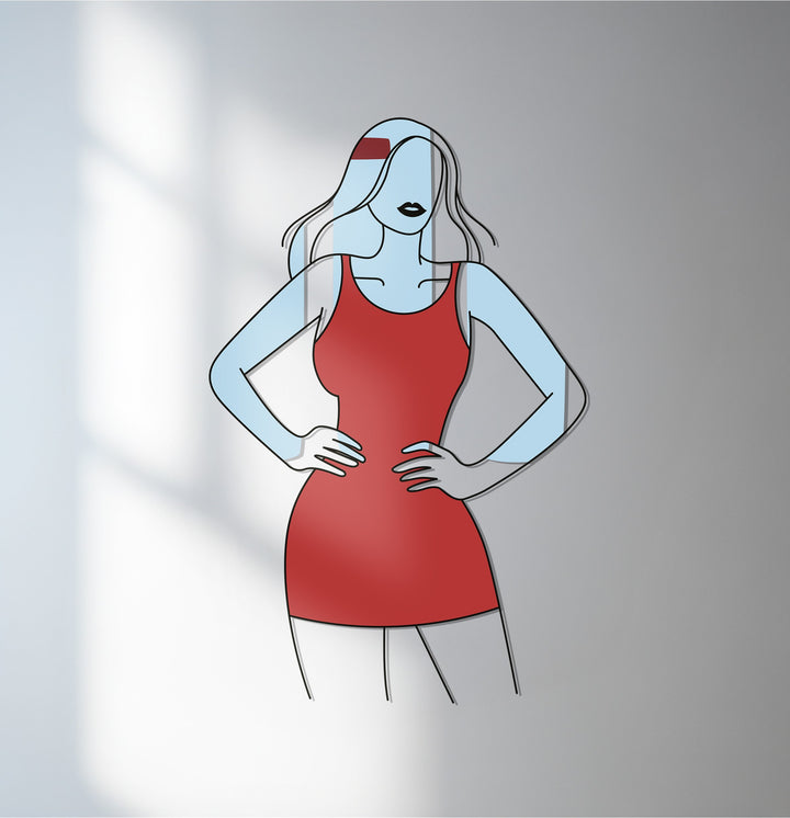 Elegant woman in red dress metal wall art with minimalist design