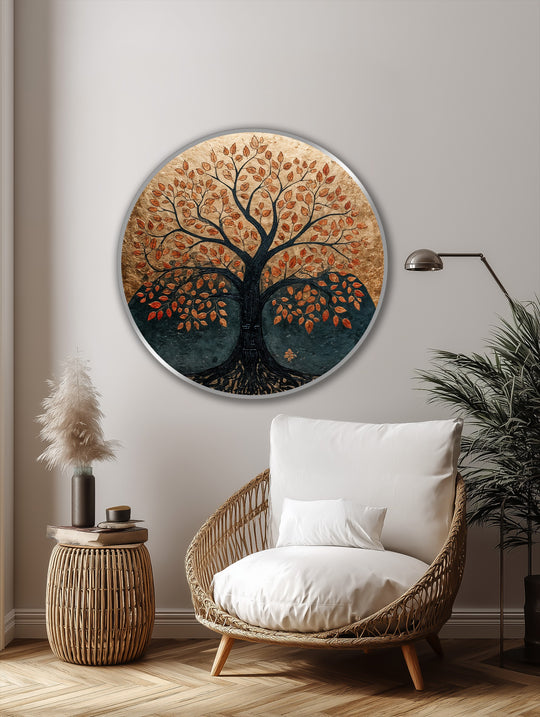 Visual rhythm emanates from the round oil painting art piece depicting an autumn tree, with its repeating pattern of copper leaves against earthy tones.