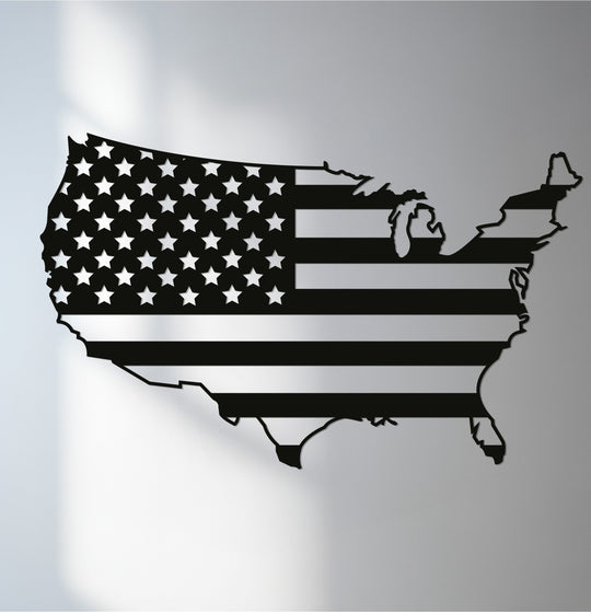 USA map silhouette metal wall art with American flag