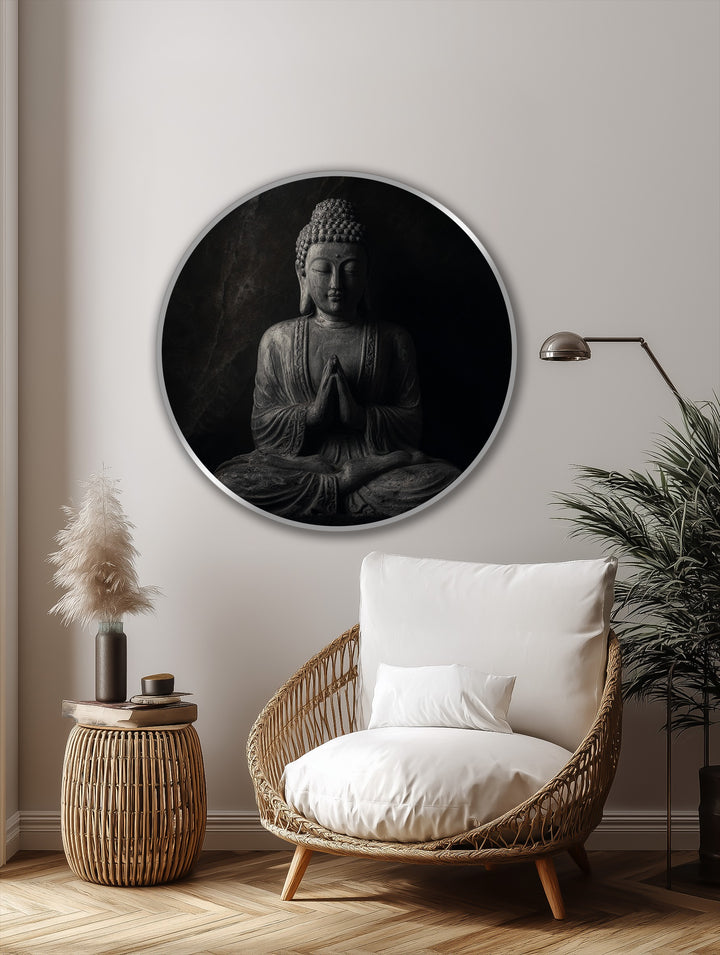 High color contrast highlights the meditative buddha statue in this round Midnight Stillness oil painting art prints, emphasizing its dark tones against the light background.