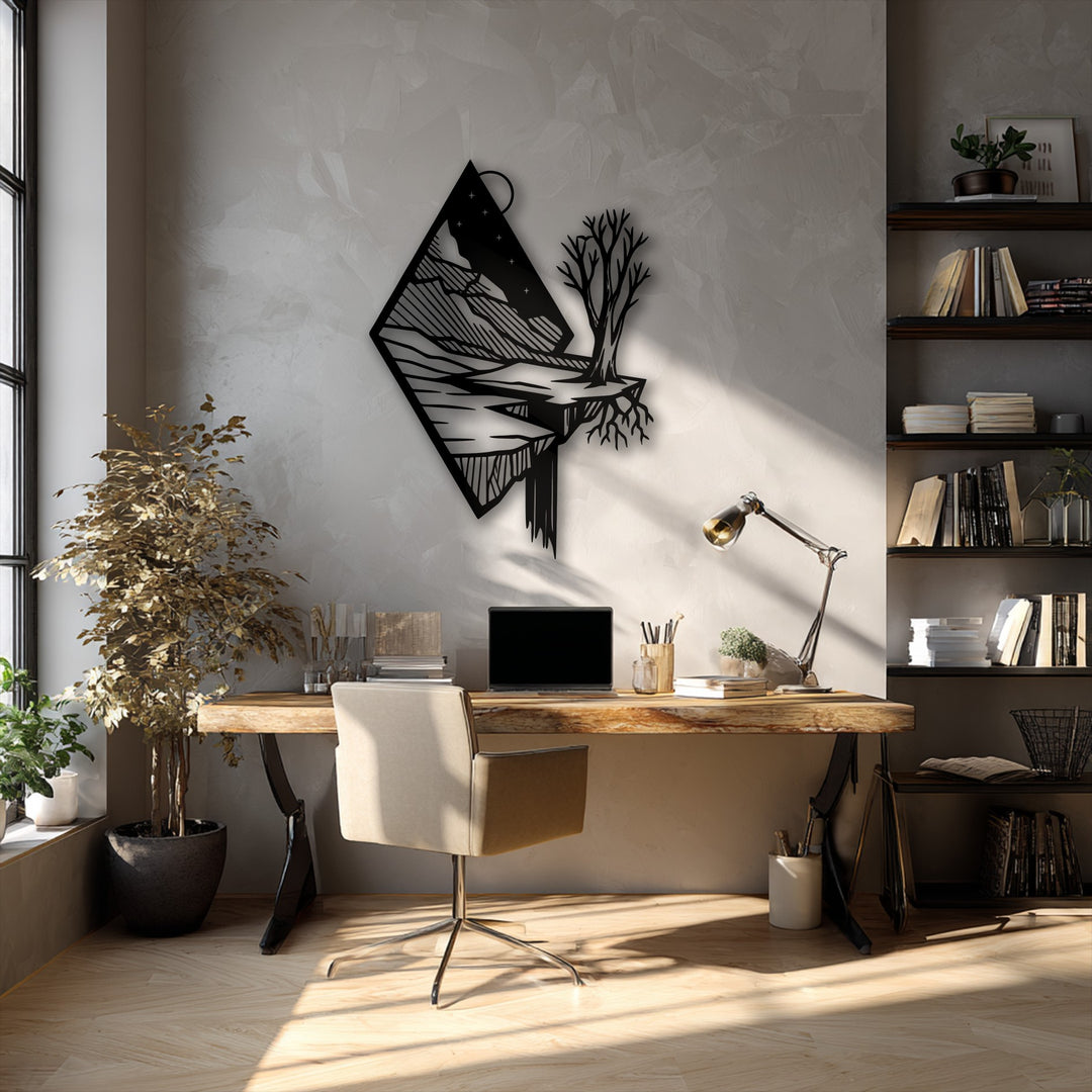 Organic forms, from the flowing lines of the stylized floating mountain to the bare tree, define this captivating metal decoration wall art.