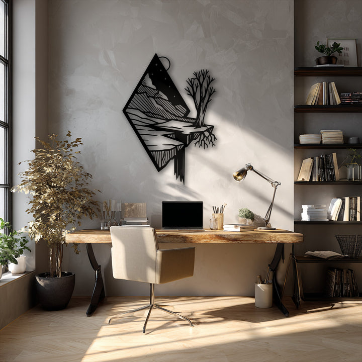 Organic forms, from the flowing lines of the stylized floating mountain to the bare tree, define this captivating metal decoration wall art.