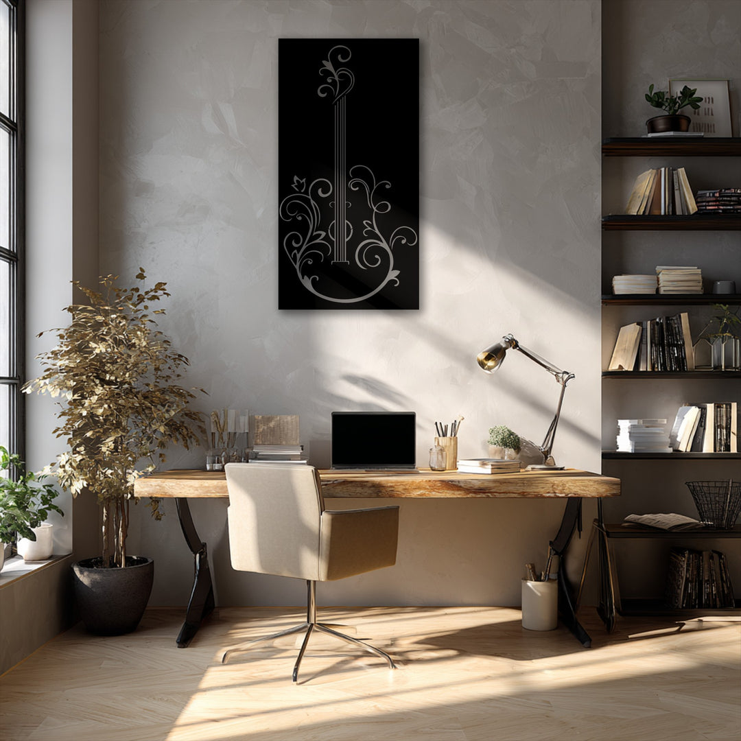 The stark black background and bright silver silhouette of the elegant guitar unique metal wall art create striking color contrast.