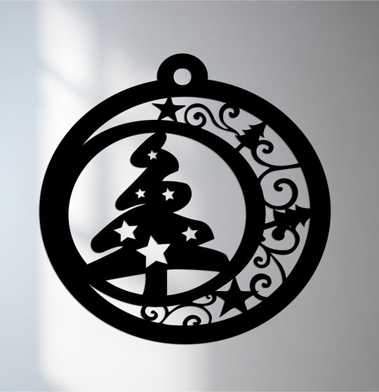 Festive Christmas tree cut from black metal with star accents, showcases the loudest element of holiday joy in this striking metal wall decor ornament.
