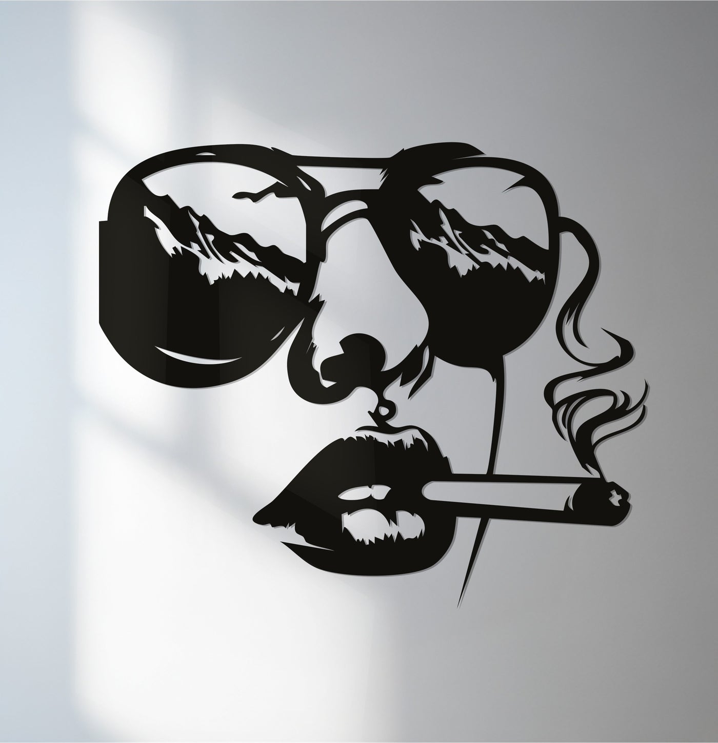 Depth and layers create a striking decoration wall art piece, with the modern abstract face in metal showing smoky reflections in the glasses.