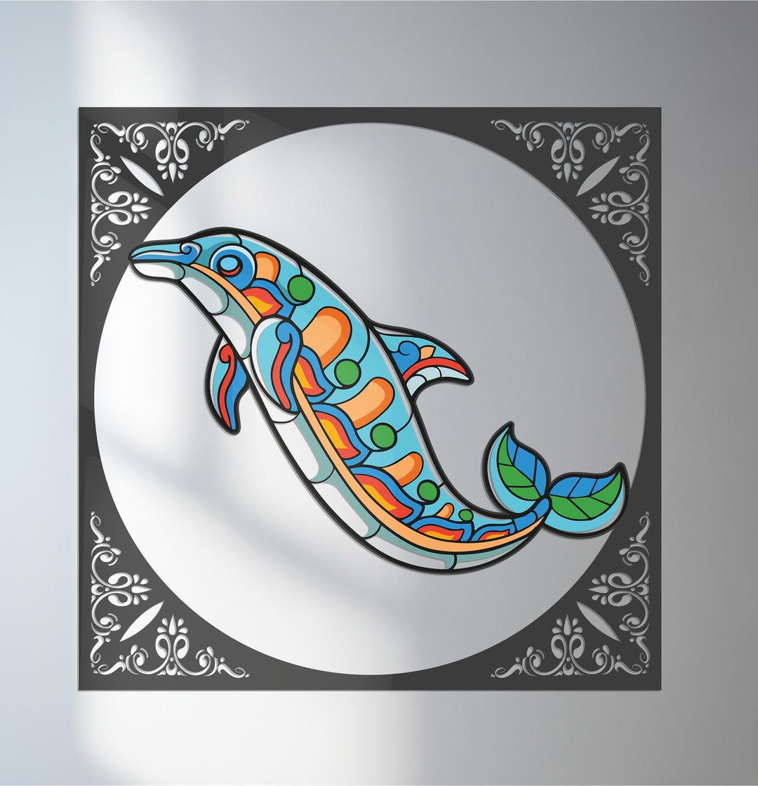 Colorful dolphin metal wall art with marine design