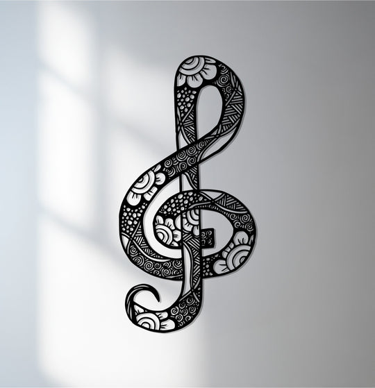 Cool color temperature enhances the floral treble clef unique metal wall art, highlighting its decorative music note design.