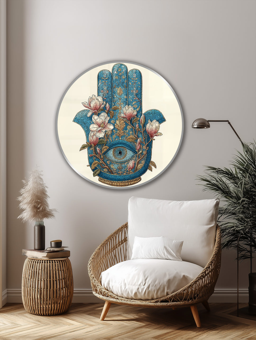 Œil de Hamsa floral–Symbole mystique rond Tableau Peinture à l’huile