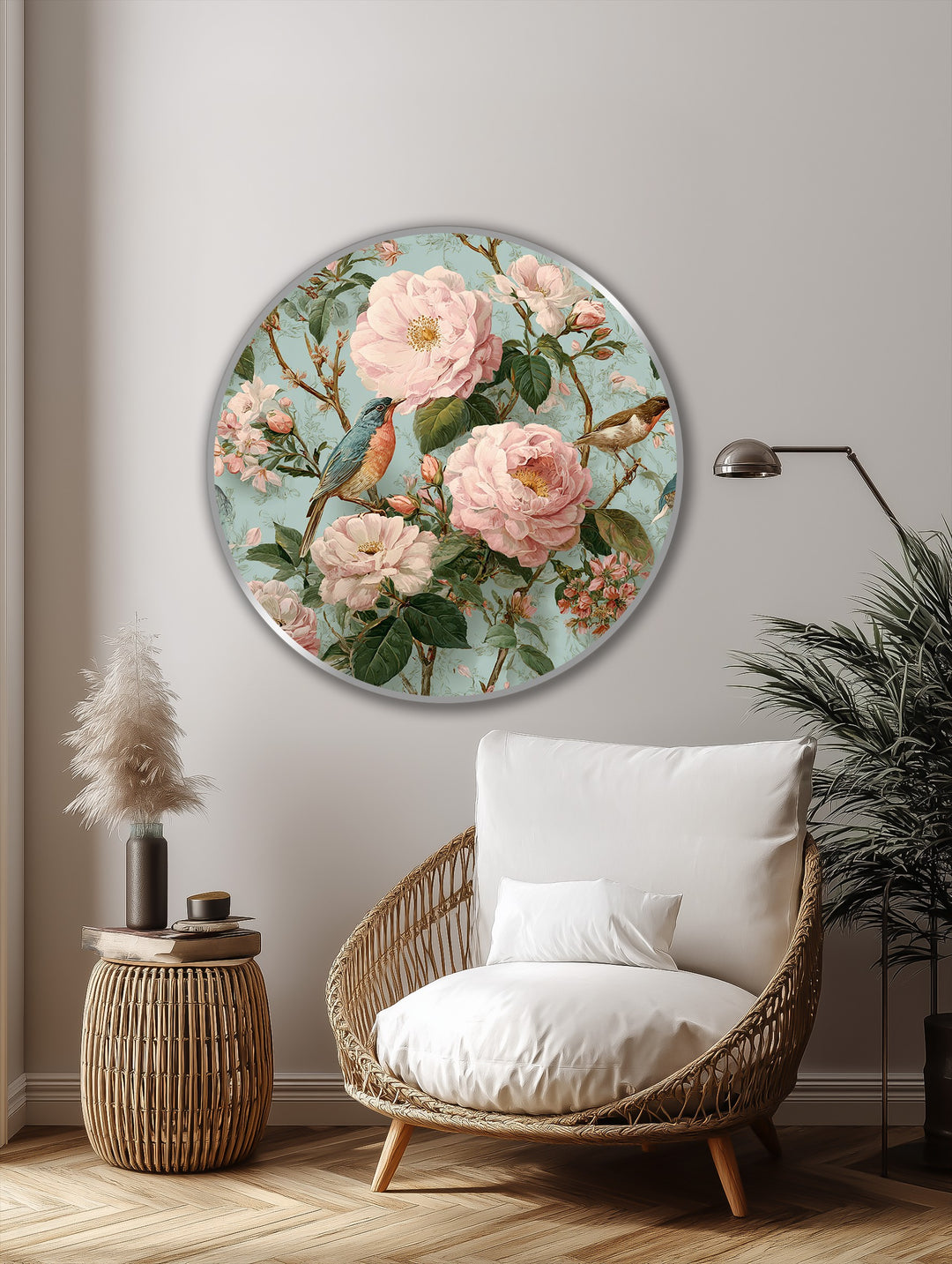 Blossoming Garden with Songbirds Round Oil Painting