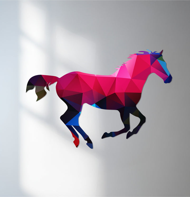 Geometric running horse metal wall art in pink and blue polygon design