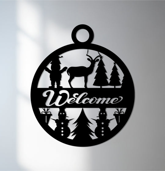 Circular festive welcome design showcases geometric metal artwork featuring a reindeer, snowman, Christmas tree, and the word 'welcome' creating a holiday motif.