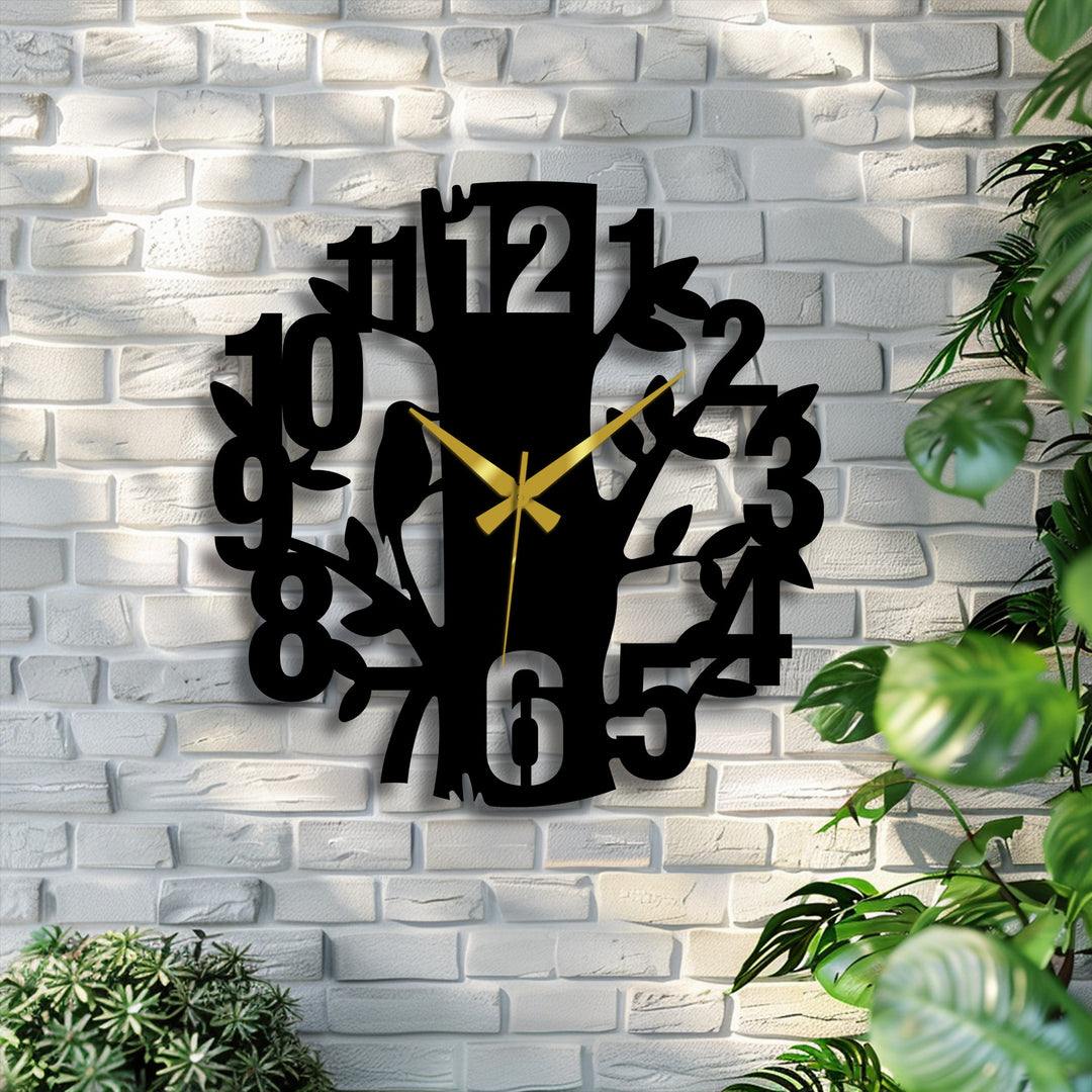 Filtered light graces the brick wall behind this tree-shaped modern metal wall clock, offering a soft, nature-inspired touch to your home decoration.
