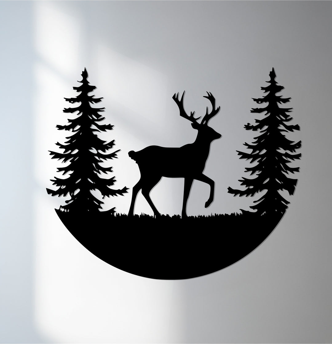 Deer metal wall art with pine forest design