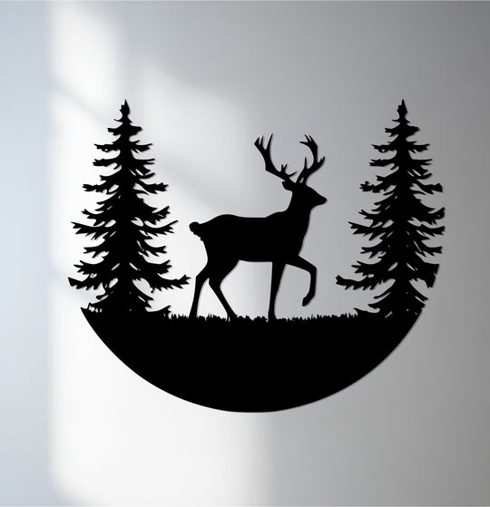 The crisp edge of this striking metal artwork silhouette depicts a deer and forest scene, creating a captivating border for nature-inspired home decor.