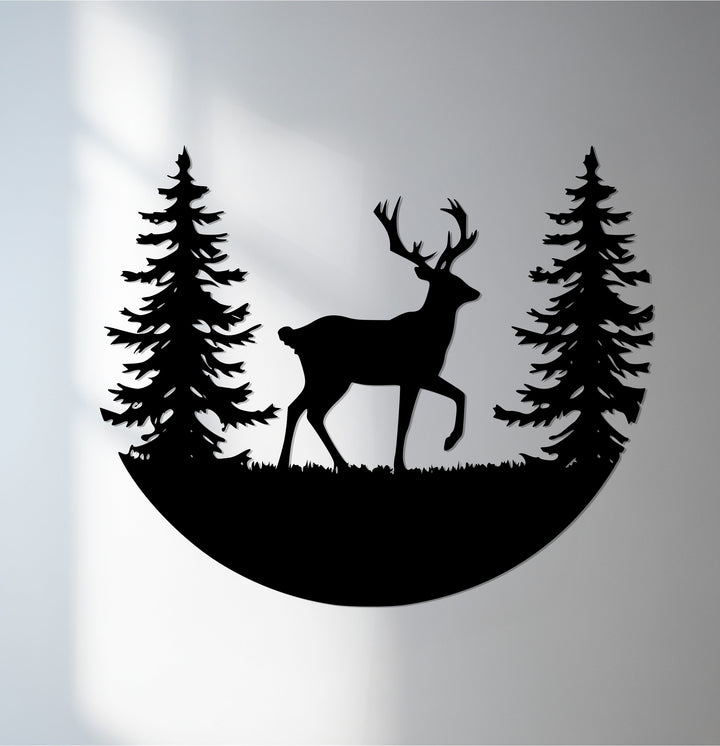 Deer metal wall art with pine forest design