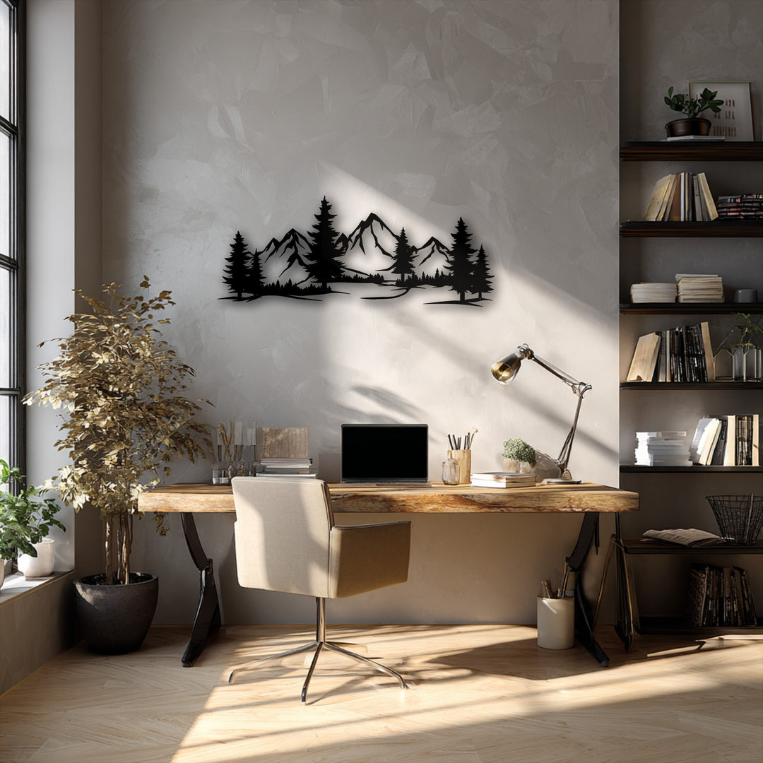 Horizontally oriented decorative metal art features the undulating peaks and sharp outlines of mountains and pine trees.