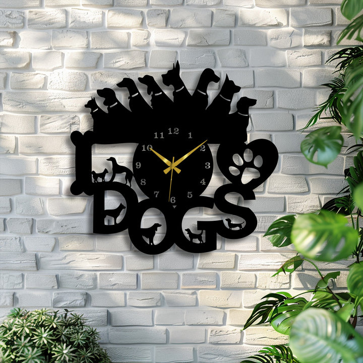 The affectionate mood of a dog lovers metal wall clock is captured, perfect as charming decoration wall art against a rustic brick wall.