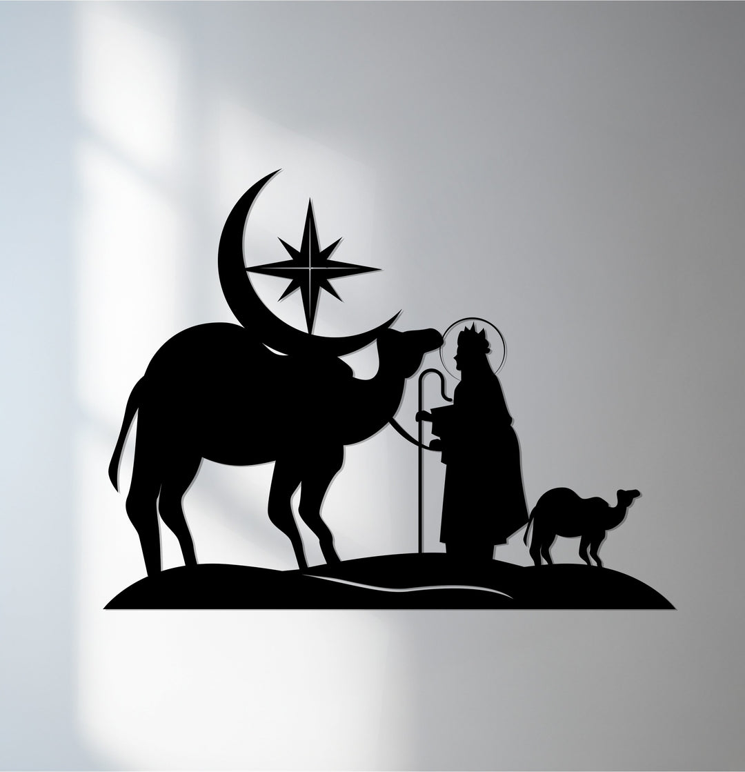 Three Kings Nativity Metal Wall Art with camel and star design