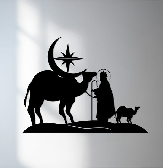 Featuring geometric elements, this decorative metal art showcases a silhouette of the Three Kings nativity scene with its celestial star and camels.