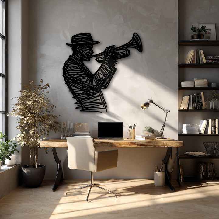 The stillness of a sunlit home office is complemented by a striking jazz trumpet player decorative metal art silhouette.