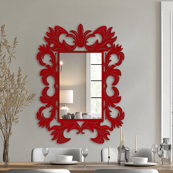 Highlighting its abstract quality, the ornate baroque framed mirror presents a striking art piece with unique metal wall art elements and a classic luxury statement design.