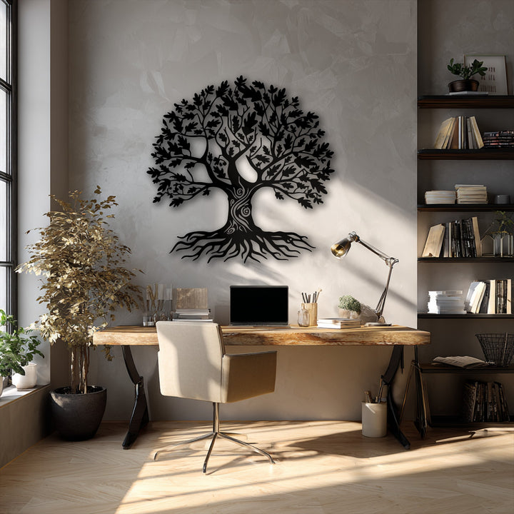 Detailed foreground elements like a rustic desk and elegant office chair frame a room featuring exquisite Tree of Life metal artwork.