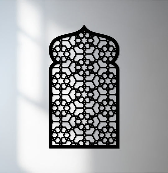 Highlighting the layering effect, this Islamic geometric metal wall art features a honeycomb arch in a decorative metal art design, creating a visually rich, sacred pattern.