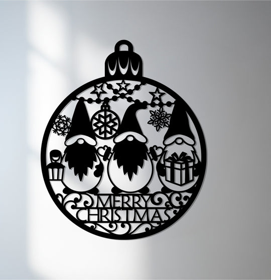 Laser-cut 'Merry Christmas' inscription forms the loudest element of this charming Christmas Cheer – Gnome Family metal artwork, a delightful piece of metal artwork.