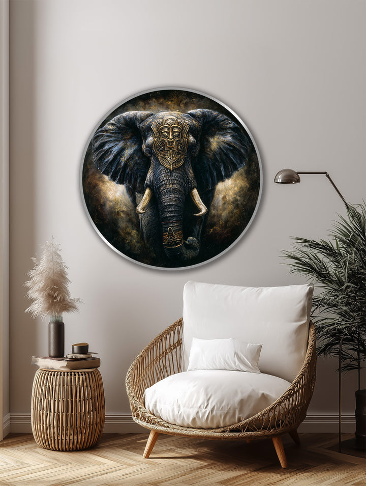 Striking elephant with a tribal mask is the loudest element in this dark majestic round oil painting art piece on wood, perfect symbolic wall art.