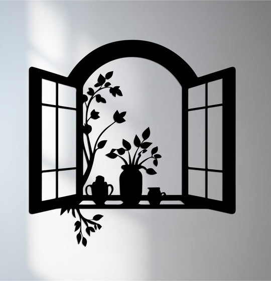 Window frame metal wall art with flower pots